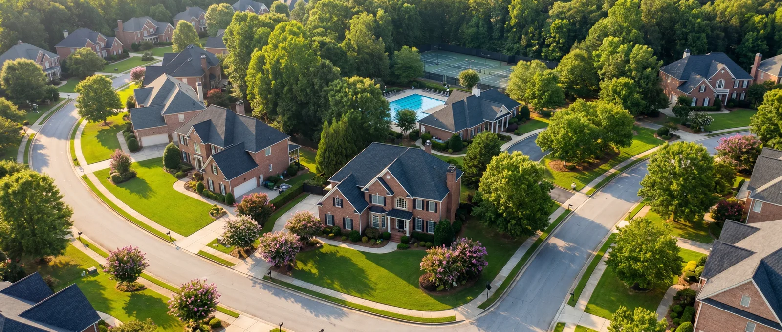 Aerial view of an Alpharetta, Georgia swim and tennis neighborhood