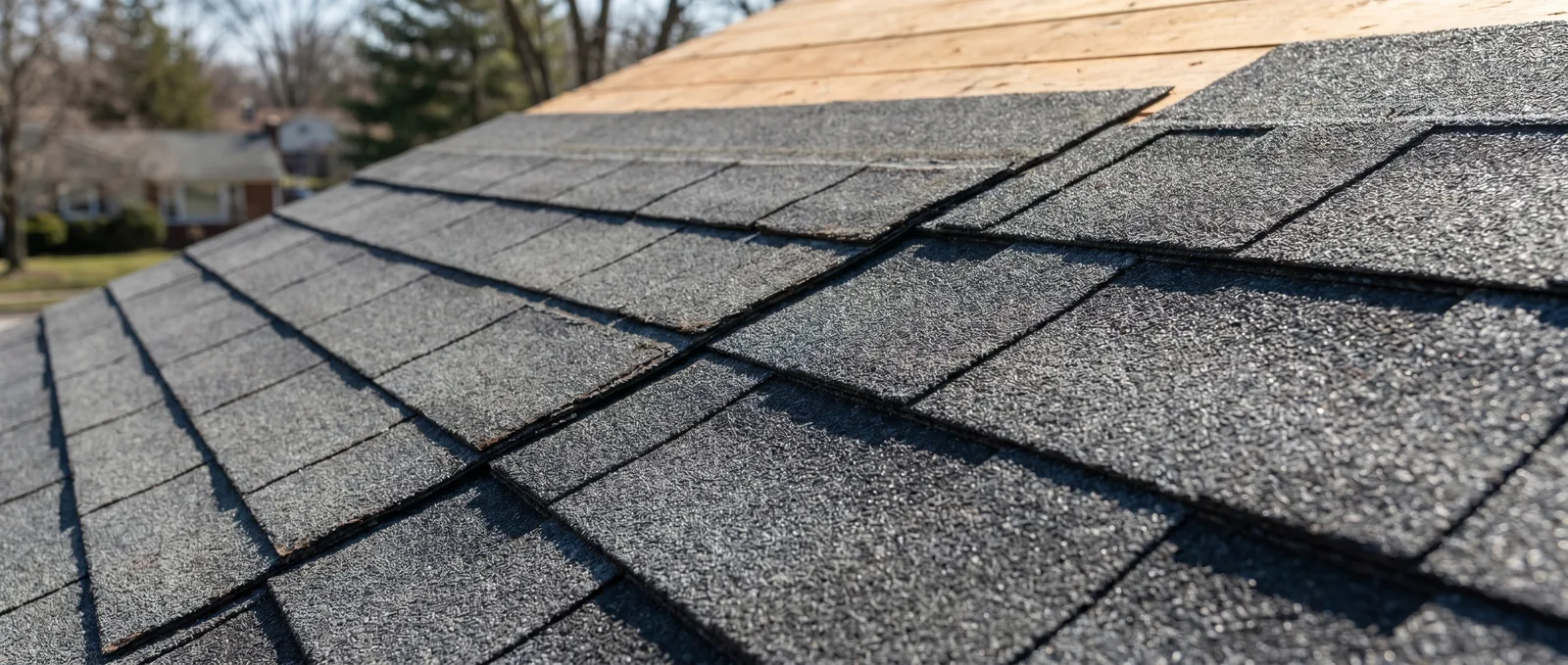 Side-by-side comparison of flat three-tab shingles and dimensional architectural shingles