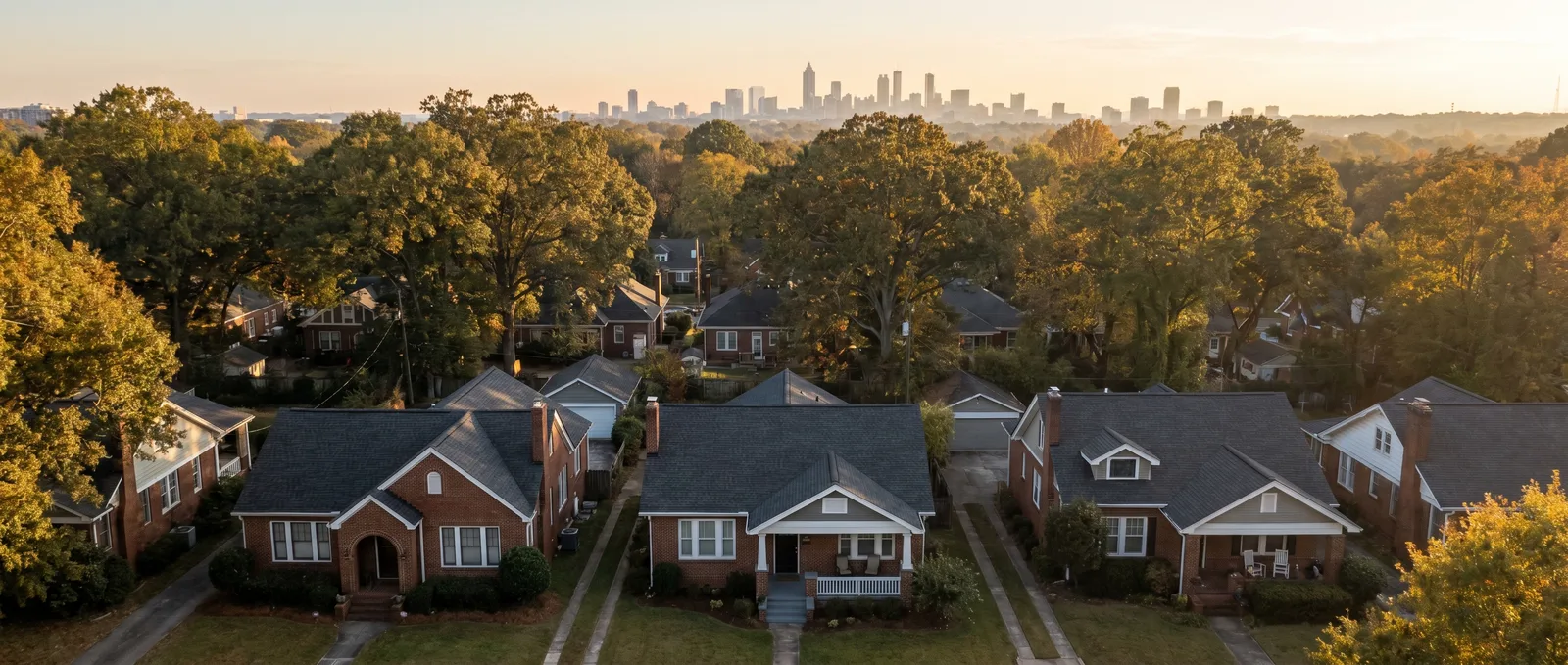 Aerial view of an intown Atlanta neighborhood with the skyline on the horizon