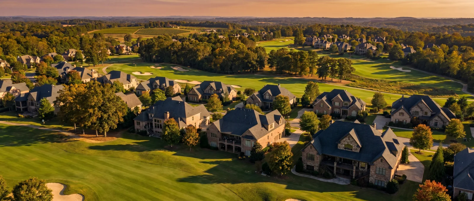 Aerial view of homes in a Braselton, Georgia golf course community