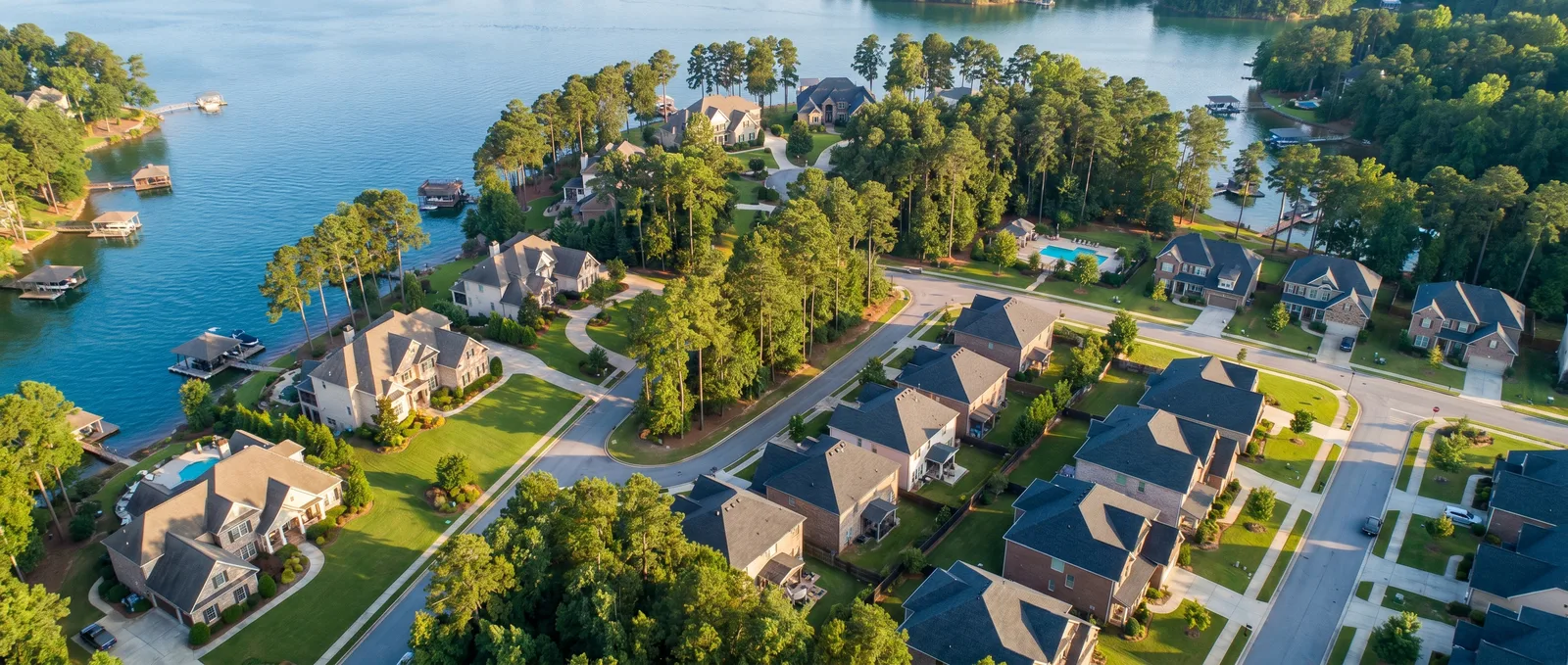 Aerial view of a Buford, Georgia neighborhood near Lake Lanier
