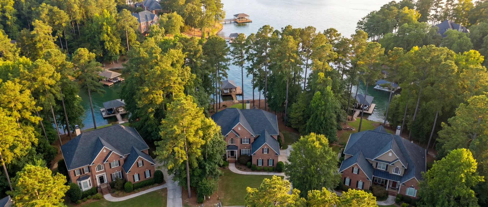 Aerial view of a Cumming, Georgia neighborhood near Lake Lanier