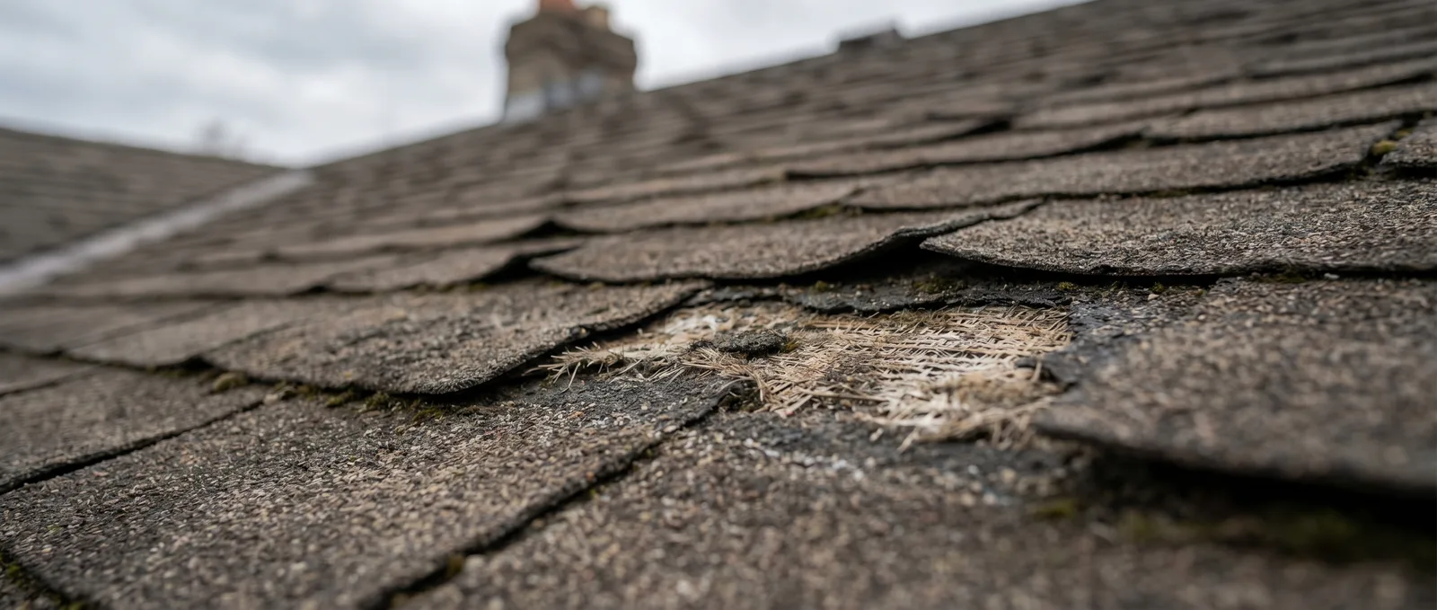 Curling, aging asphalt shingles with heavy granule loss