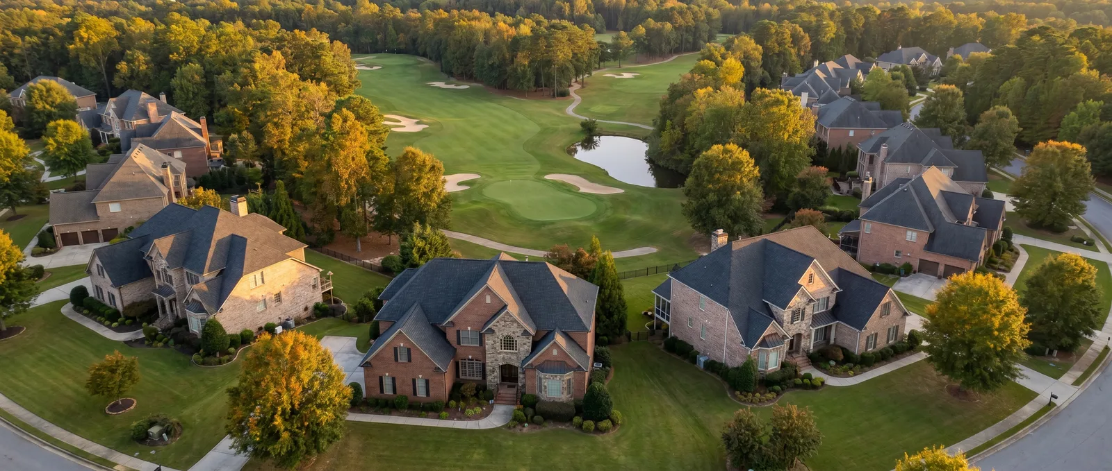 Aerial view of an upscale Duluth, Georgia country club neighborhood