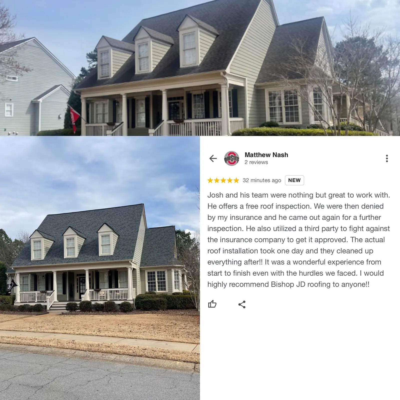 Five-star customer review for Bishop JD Roofing