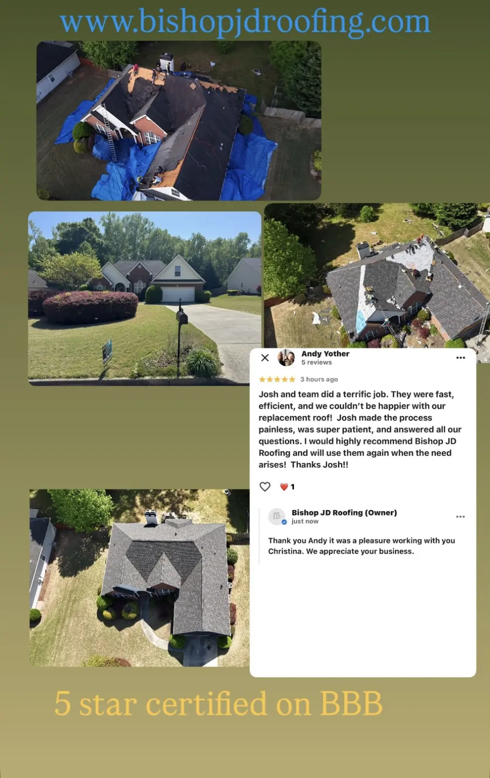 Five-star customer review for Bishop JD Roofing