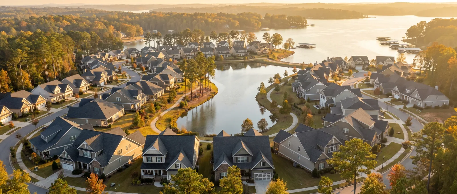 Aerial view of a Flowery Branch, Georgia lakeside community