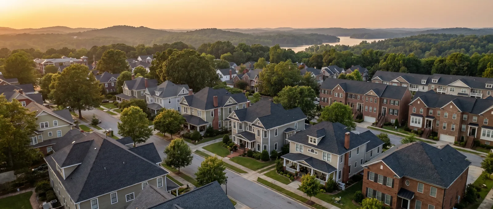 Aerial view of a tree-lined Gainesville, Georgia neighborhood