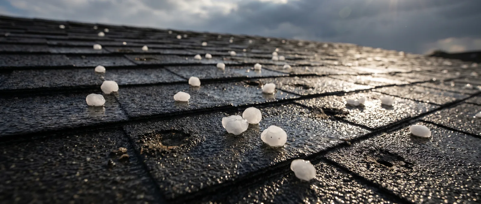 Hailstones and impact marks on asphalt shingles after a hailstorm
