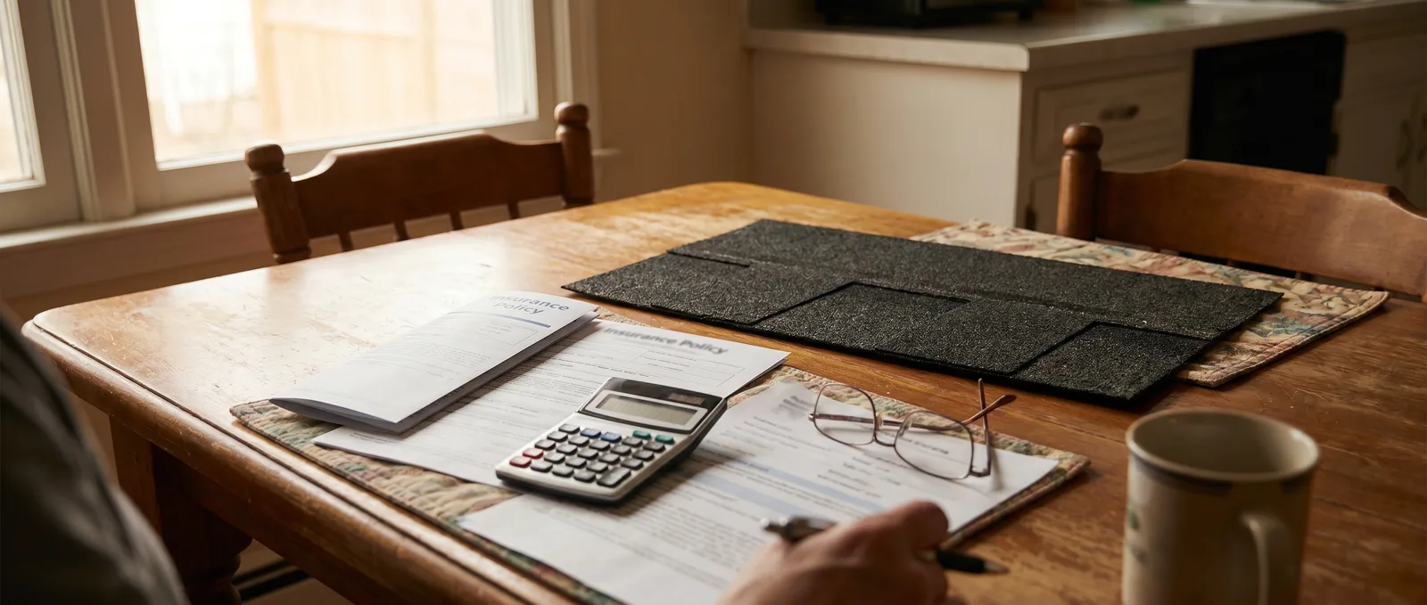 Homeowner insurance policy paperwork with a shingle sample and calculator