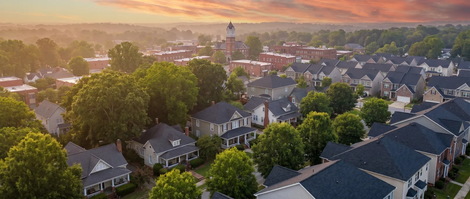 Aerial view of a Lawrenceville, Georgia neighborhood near downtown