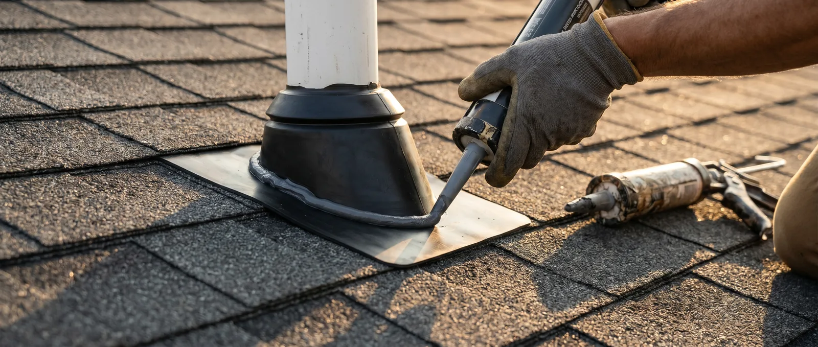 New pipe boot flashing being installed during a roof leak repair