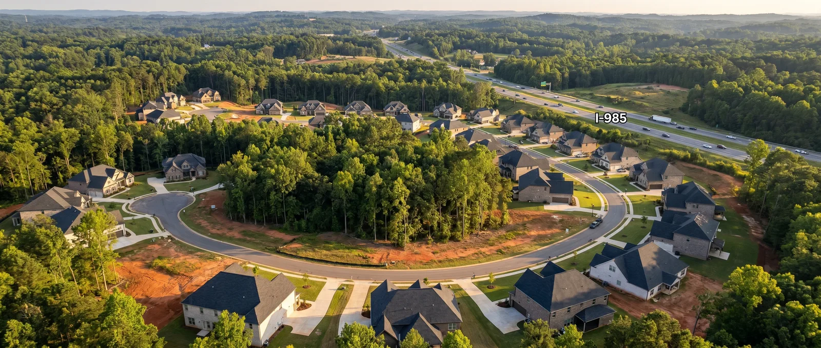 Aerial view of an Oakwood, Georgia neighborhood in Hall County