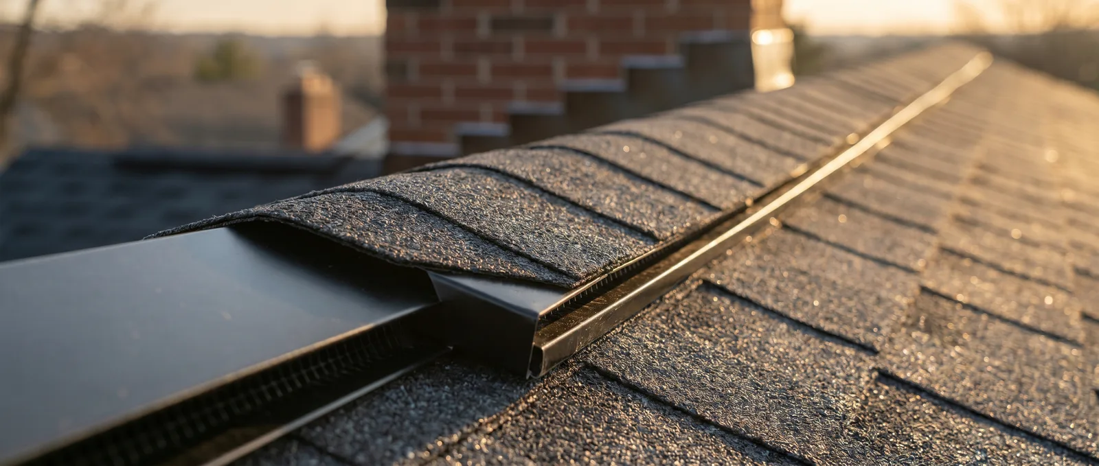 New continuous ridge vent and cap shingles along a roof peak