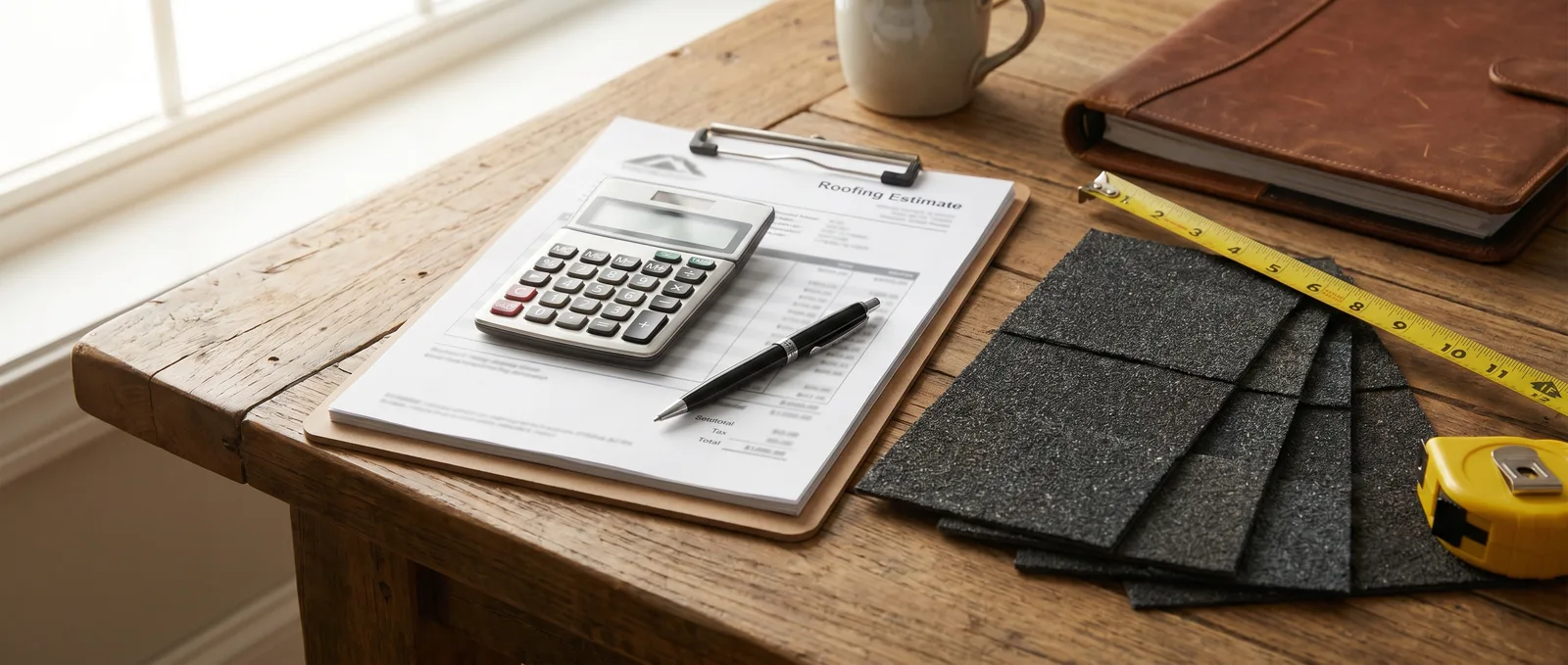 A roofing cost estimate on a clipboard with a calculator and architectural shingle samples