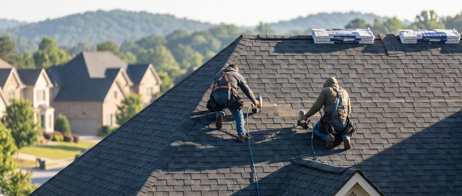 Roofers installing new architectural shingles on a residential roof