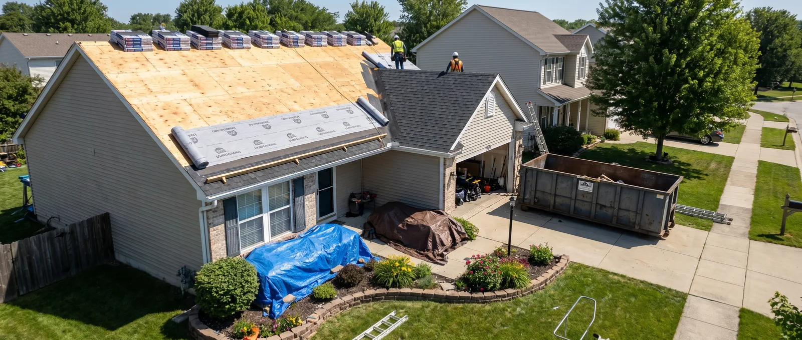 Roof replacement in progress with decking exposed and materials staged