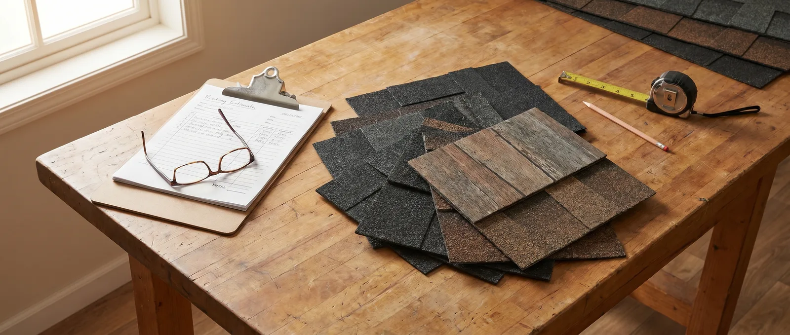 Written roofing estimate with architectural shingle samples