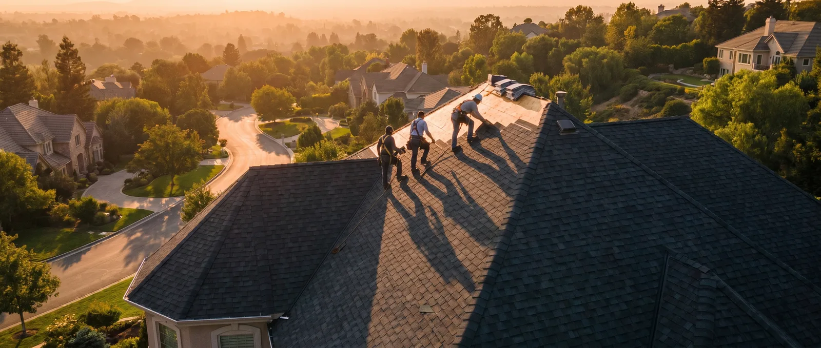 Roofing crew installing architectural shingles at golden hour