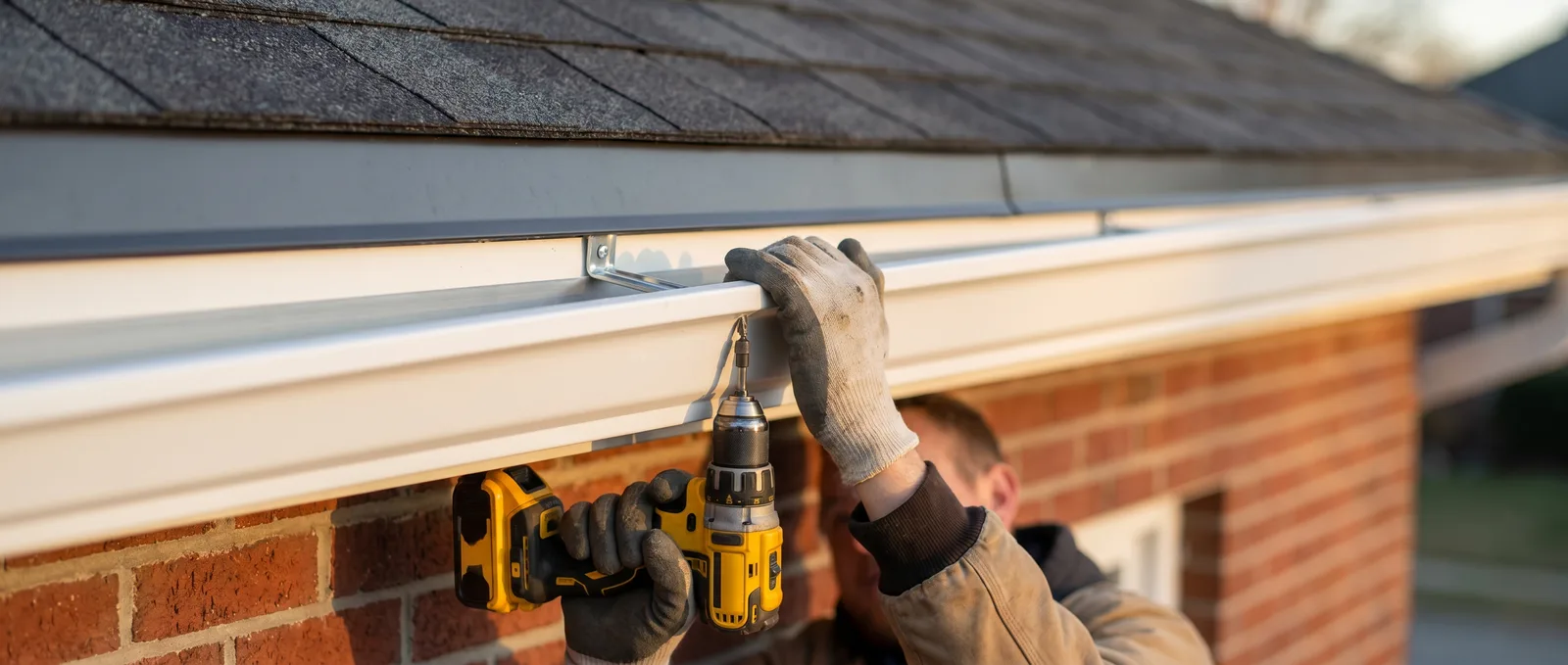 Seamless aluminum gutter being fastened to the fascia of a brick home