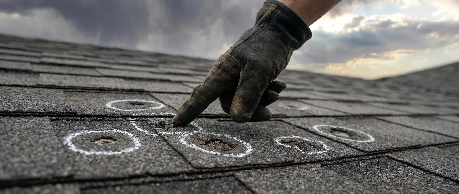 Roof inspector marking hail damage on asphalt shingles