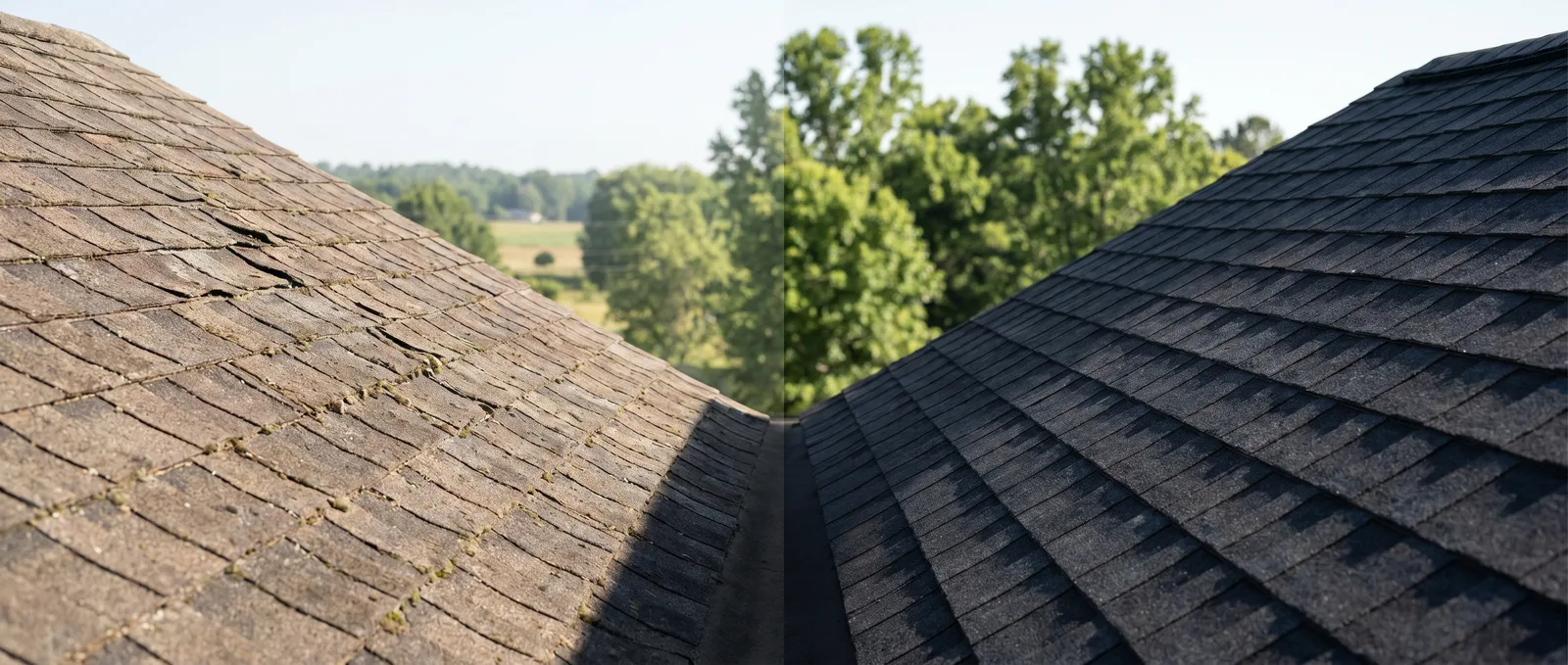 Weathered older shingles beside a newly installed architectural shingle roof